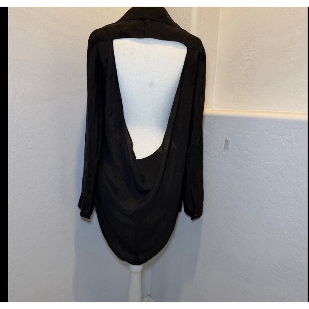 Venus Black Open Back Draped Cowl Long Sleeve Button Down Blouse‎ Shirt Small